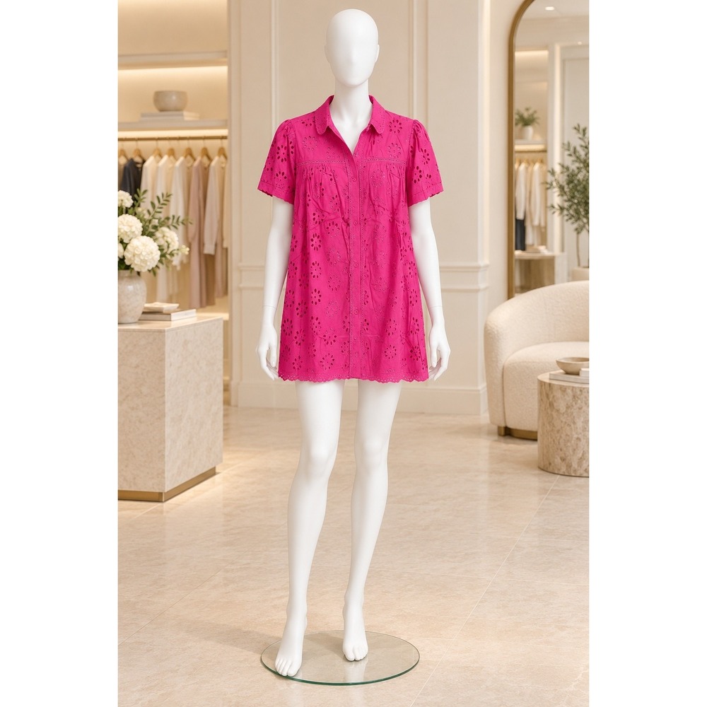 Allison New York Womens Eliana Eyelet Dress Hot Pink Button Front Medium